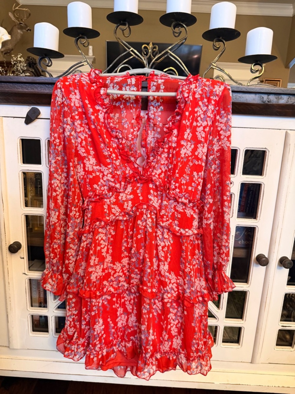 Red Floral Ruffle Tiered Mini Dress